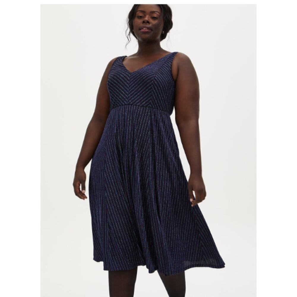 NWT TORRID Dark Blue & Multi‎ Stripe Shimmer Midi Skater Dress sz 4